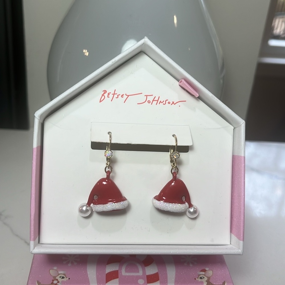 Betsey Johnson Red Santa Hat Earrings with Pearl & Rhinestones NIB